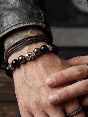 Obsidian Bracelet & Hematite Silver skull charm